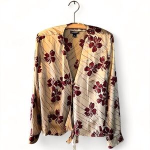 Ann Taylor Womens Silk Floral Tie Waist Blouse 14 Burgundy/Gold Holiday Party